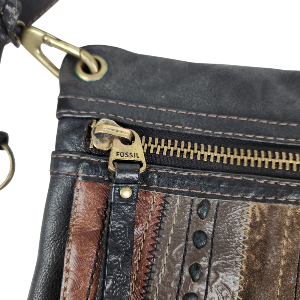 Fossil Sasha Black Patchwork Leather Rustic Crossbody Messenger Bag Purse - Picture 3 of 10